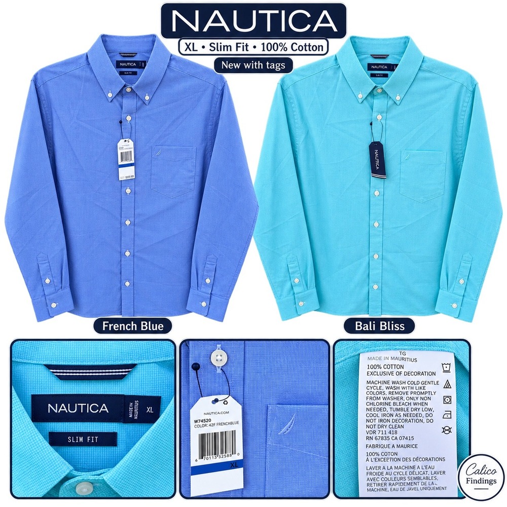 Nautica Mens Slim Fit Cotton Button Down Shirt Bundle French Blue Bali Bliss XL